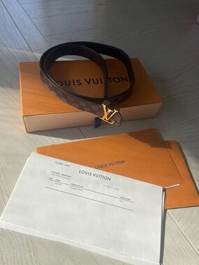 Louis Vuitton Brown Damier Canvas Belt with Gold LV Initials